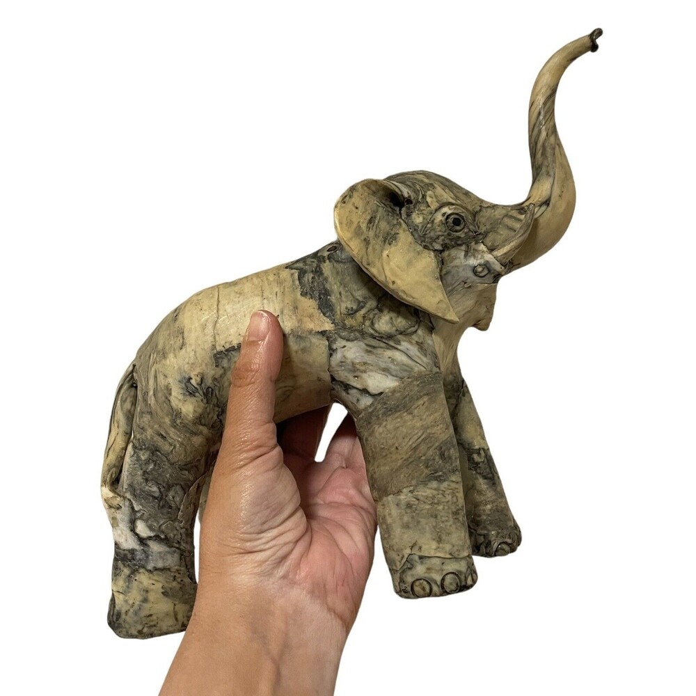 VINTAGE LARGE HAND CARVED ELEPHANT MADE FROM CRUSHED OYSTER SHELLS